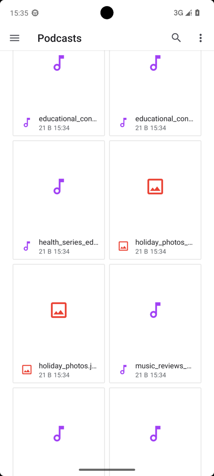 Static Android screenshot: a file manager showing the Podcasts folder with holiday_photos.jpg